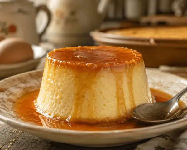Delicioso flan de huevo casero con caramelo líquido, listo para disfrutar.