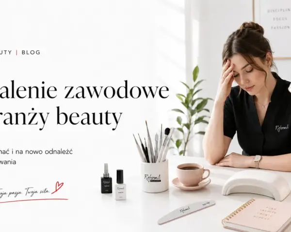 Zmęczona stylistka z dłonią na czole, przy biurku z kosmetykami. Temat: wypalenie zawodowe w branży beauty.