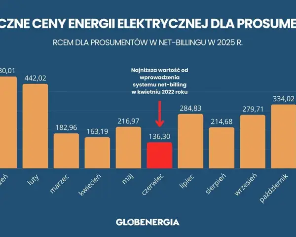 Wykres pokazuje miesięczne ceny energii elektrycznej dla prosumentów w net-billingu w 2025 r. Zastanawiasz się, ile kosztuje fotowoltaika? Ceny wahają się od 136,30 zł do 480,01 zł.