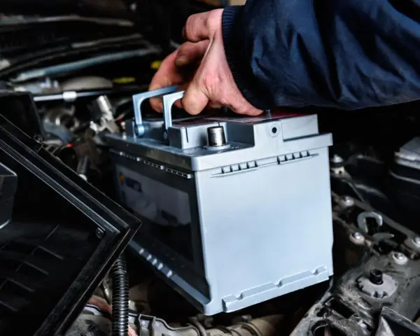 Mano che inserisce una nuova batteria. La batteria della macchina serve per avviare il motore e alimentare i sistemi elettrici.