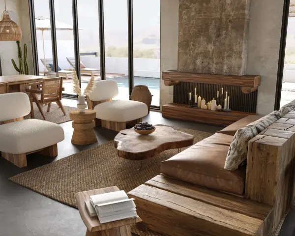 Un acogedor salón wabi sabi con sofá de madera rústica, chimenea de piedra y muebles de fibras naturales.