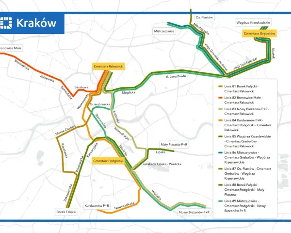 Mapa Krakowa z zaznaczonymi liniami tramwajowymi, w tym linia c łącząca Cmentarz Rakowicki z Bronowicami Małymi.