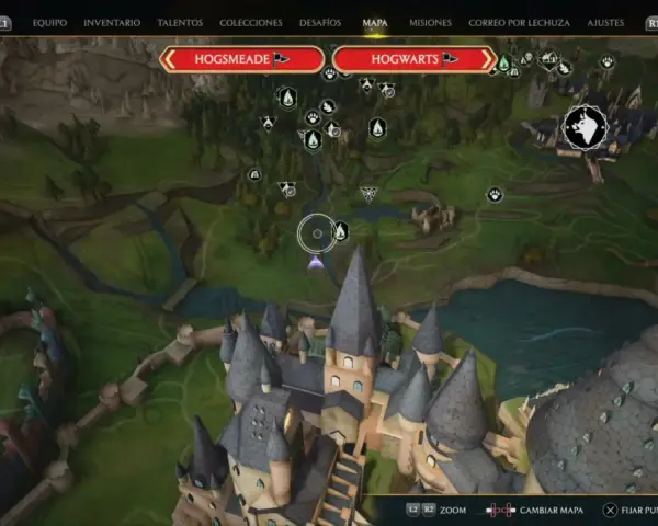 Mapa de Hogwarts Legacy, con Hogsmeade y Hogwarts visibles. El fantasma de nuestro amor hogwarts legacy nos guía por el mapa.