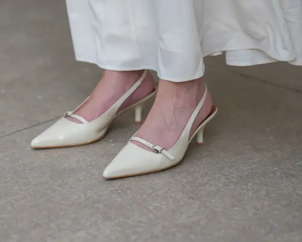 Eleganckie, kremowe szpilki z paskiem na pięcie, idealne do letnich sukienek. Niewidoczne skarpetki do szpilek zapewniają komfort.