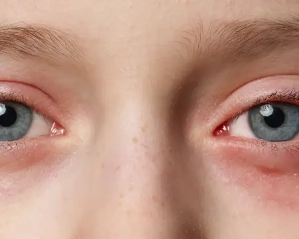 Nahaufnahme der Augen eines Kindes mit geröteten, gereizten Augenlidern und einem leichten Ausschlag unterm Auge.