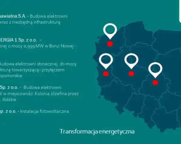 Mapa Polski z zaznaczonymi lokalizacjami inwestycji w fotowoltaikę. Rozwój infrastruktury energetycznej.