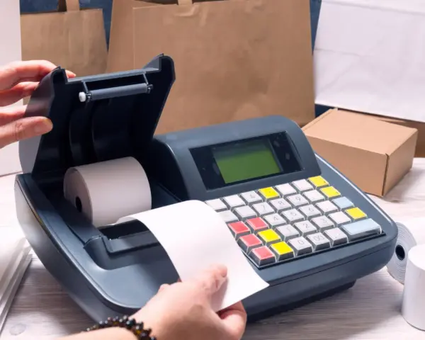 Ręce przygotowują kasę fiskalną do wyrejestrowania. W tle torby papierowe i pudełka.