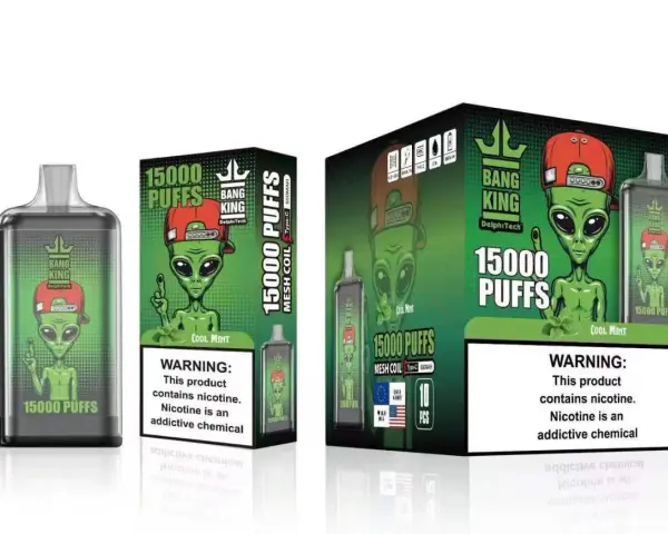 Vapers Bang King 15000 puffs con diseño de alienígena. Incluye advertencia sobre nicotina.