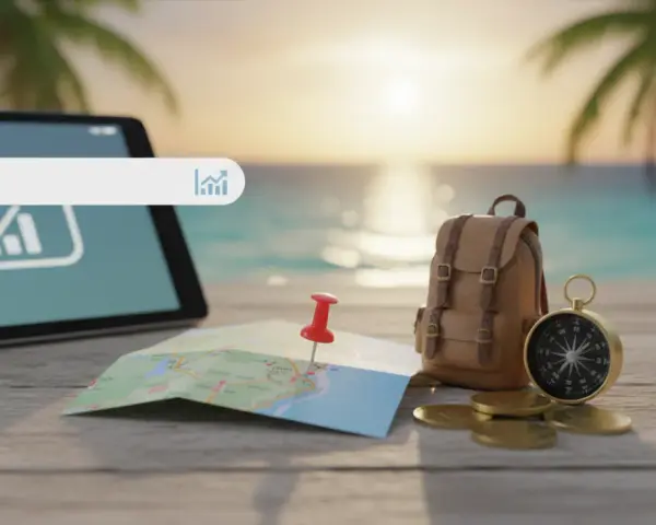 Tablet z wyszukiwarką, mapa, plecak, kompas i monety na tle plaży.