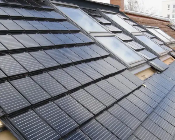 Dachziegel mit integrierten Solarzellen, die eine moderne Alternative zu herkömmlichen Ziegeln darstellen. Die Frage "was kostet ein Dachziegel" wird hier durch die innovative Technologie beantwortet.