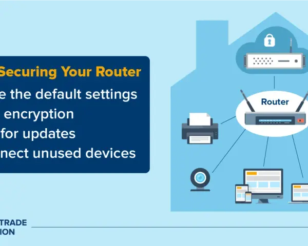 Securing your home network: A router diagram shows devices connected, emphasizing home network security monitoring through updates and encryption.