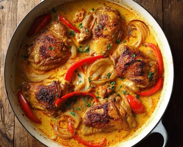 En gryta med kycklinglårfile recept i krämig sås med paprika och lök.