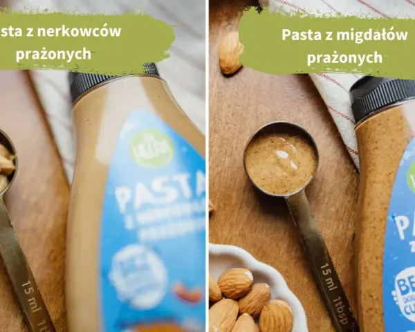 Dwie łyżki z pastą orzechową: z nerkowców i migdałów, obok butelek z pastami.