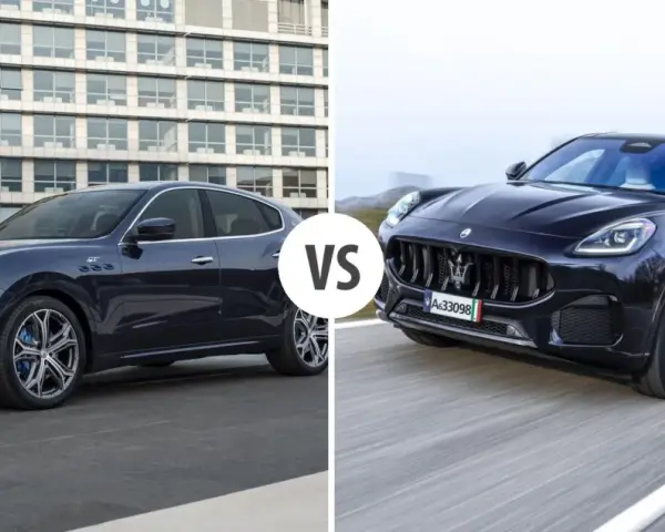 Dwa luksusowe Maserati SUV: jeden elegancki, stojący przed budynkiem, drugi dynamicznie pędzący po górskiej drodze.