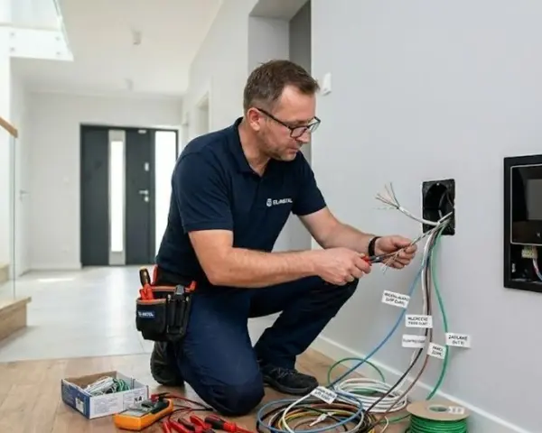 Elektryk podłączający kable domofonu i elektrozaczepu.