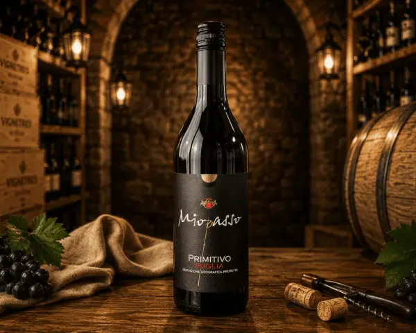 Butelka wina Primitivo Puglia na drewnianym stole, w tle piwniczka z winami, beczka i winogrona.