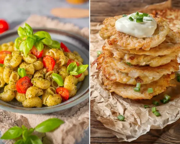 Dwa szybkie dania: makaron z pesto i pomidorkami oraz stos placków ziemniaczanych ze śmietaną.