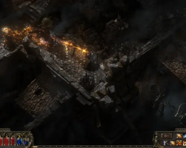 Combate en Path of Exile 2. Un guerrero lanza fuego contra enemigos en ruinas oscuras.