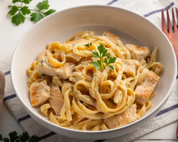 Kremowe fettuccine z kurczakiem, idealne do przygotowania według przepisu Fettuccine Alfredo. Danie ozdobione natką pietruszki.