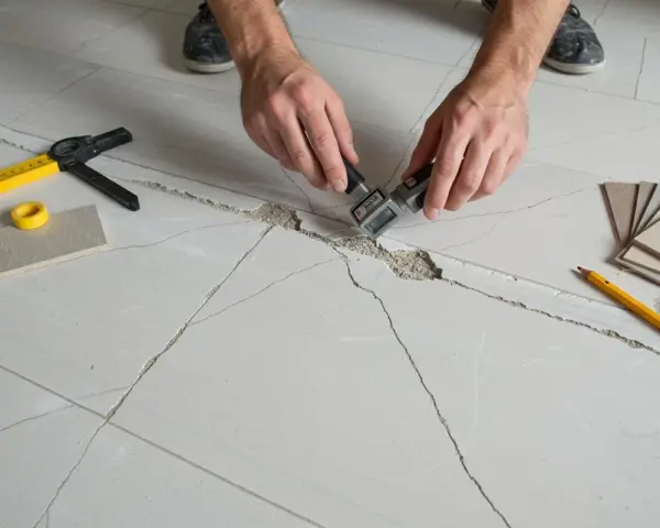 Inspection d'une fissure dans le chape avant la pose du carrelage. Outils de mesure et échantillons de carreaux à proximité.