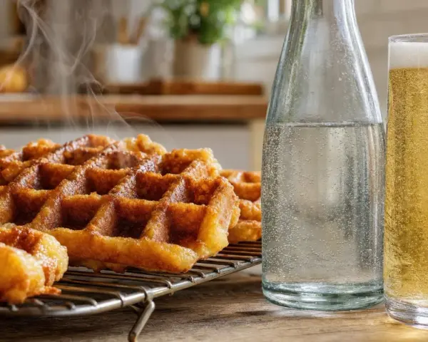 Gaufres croustillantes fumantes sur une grille, accompagnées d'une bouteille d'eau pétillante et d'un verre de bière dorée. Parfait pour une recette de gaufres croustillantes.