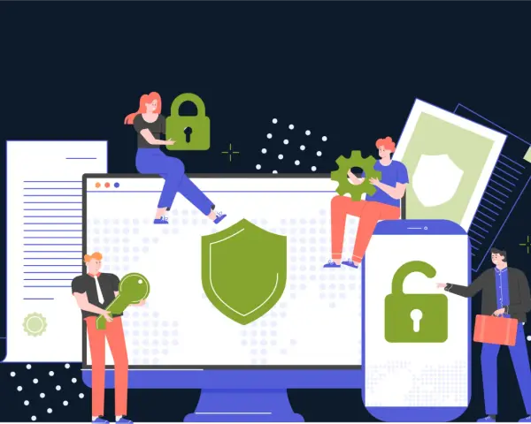 Personas trabajando en equipo para proteger datos. Representa que es la ciberseguridad, con candados, escudos y llaves.