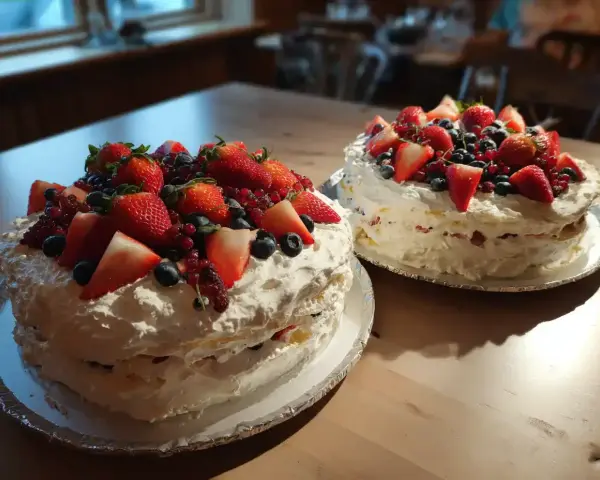 Två vackra gräddtårtor med jordgubbar och bär, perfekta som kakor till babyshower recept.