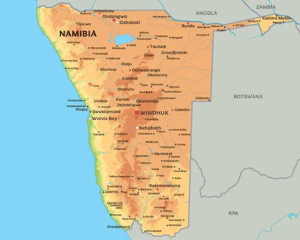 Mapa Namibii z zaznaczonymi miastami. Waluta Namibii to dolar namibijski.
