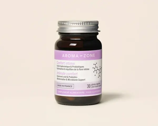 Flacon de compléments alimentaires Aroma-Zone pour le confort intime, contenant acide hyaluronique et probiotiques vaginaux.