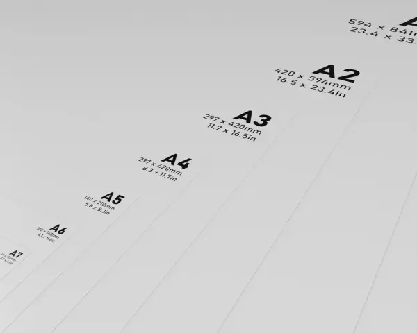 Tamaños de papel A1 a A8, con A4 (297 x 420 mm) destacado.