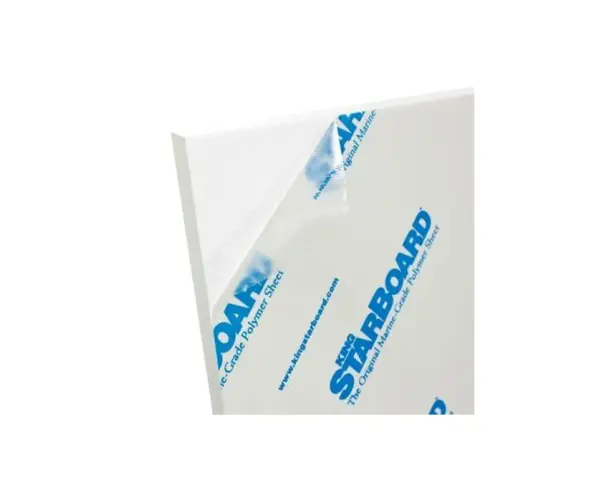 A sheet of white starboard material, a durable marine-grade polymer, with protective film peeling back to reveal branding.