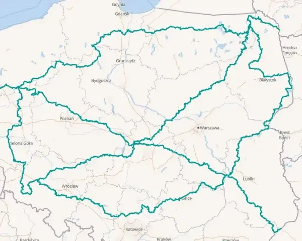 Mapa Polski z zaznaczonymi trasami motocyklowymi, obejmującymi region lubelski i inne części kraju.