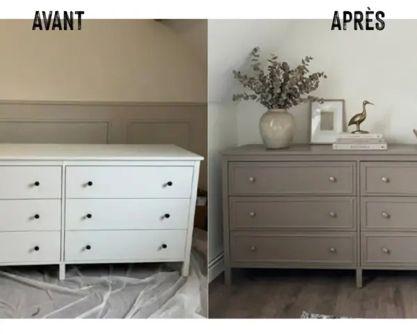 Avant/Après : une commode blanche transformée par une peinture meuble ancien, rehaussée de poignées dorées et décorée avec élégance.