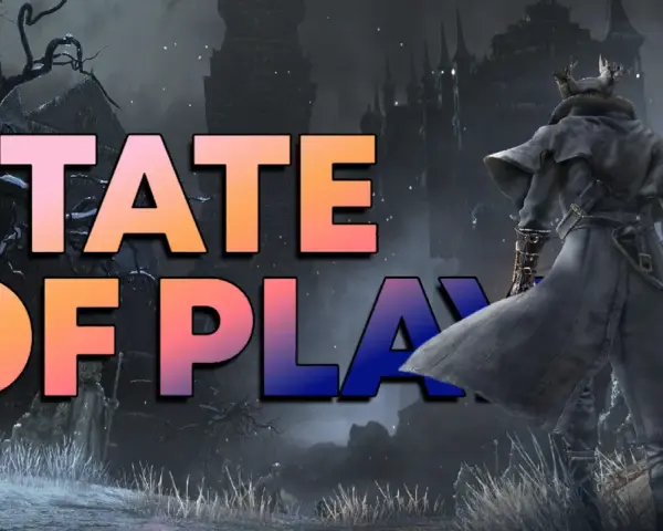 Un cazador con gabardina se alza ante un castillo sombrío, con el texto "STATE OF PLAY" en colores vibrantes.