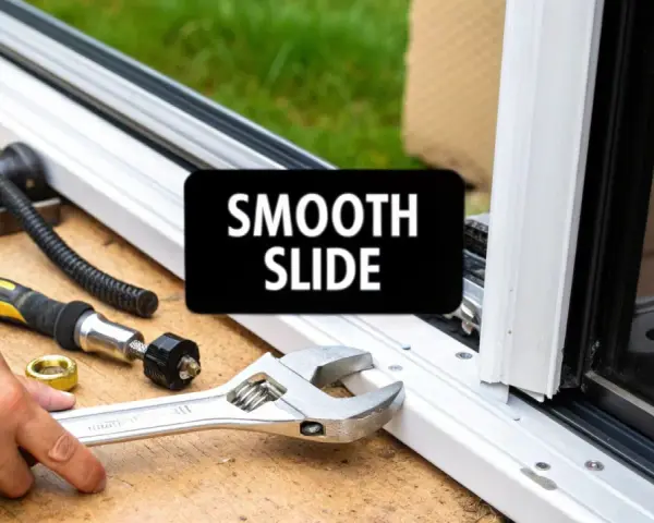 Tools are laid out for a sliding patio door installation, promising a smooth slide.