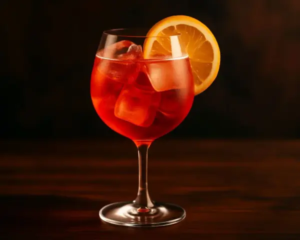 Ett glas Campari Spritz med is och en apelsinskiva, perfekt för en solig dag.