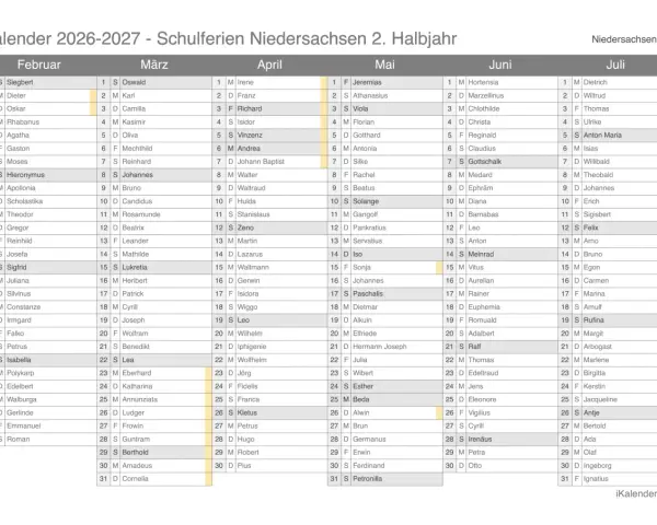 Kalender 2026-2027 mit Monaten und Namen, Schulferien Niedersachsen.