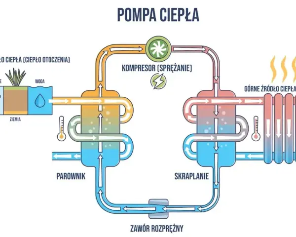Schemat pokazuje, jak działa pompa ciepła: pobiera ciepło z otoczenia (powietrze, woda, ziemia), spręża je, a następnie oddaje do ogrzewania.