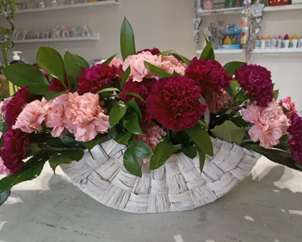 Piękne kompozycje z goździków w koszu. Różowe i bordowe kwiaty z zielonymi liśćmi tworzą elegancką całość.