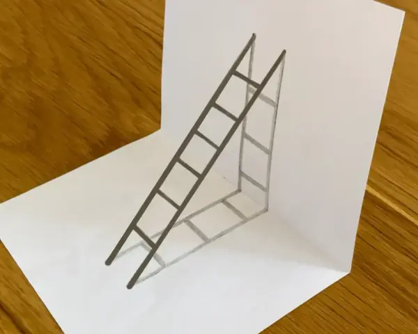 Un dessin trompe l'oeil d'une échelle semble flotter au-dessus d'une feuille de papier, créant une illusion de profondeur saisissante.