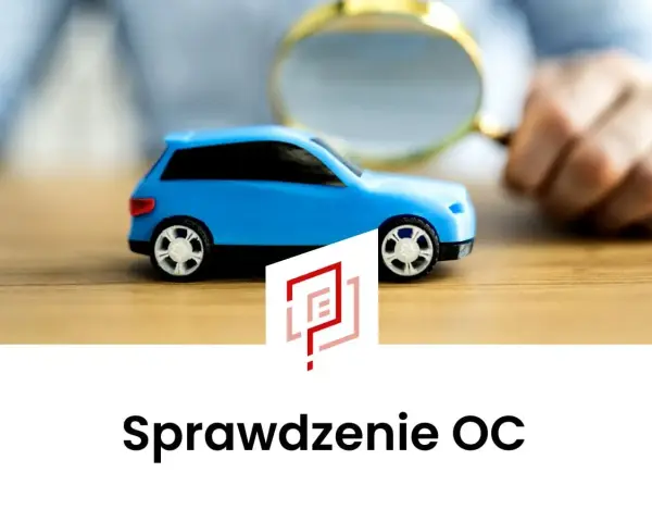 Sprawdzenie polisy OC po numerze rejestracyjnym to klucz do spokoju na drodze. Błękitny samochodzik pod lupą symbolizuje dokładną analizę.
