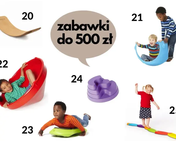 Dzieci bawiące się różnymi zabawkami sensorycznymi: huśtawka, równoważnia, deska.
