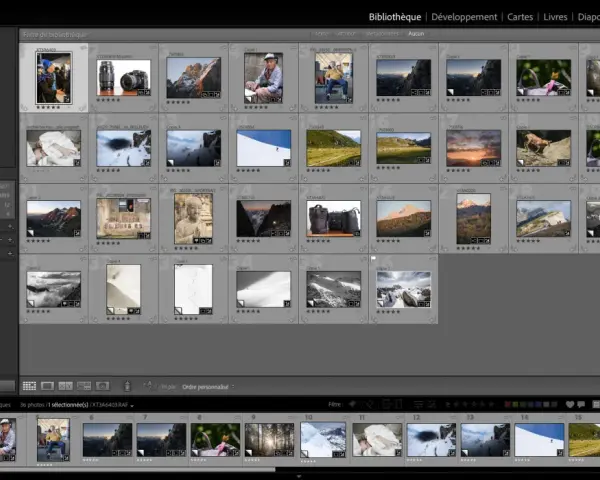 Interface d'un logiciel pour netteté photo, affichant une grille d'images de paysages et de portraits, avec des options de tri et de filtre.