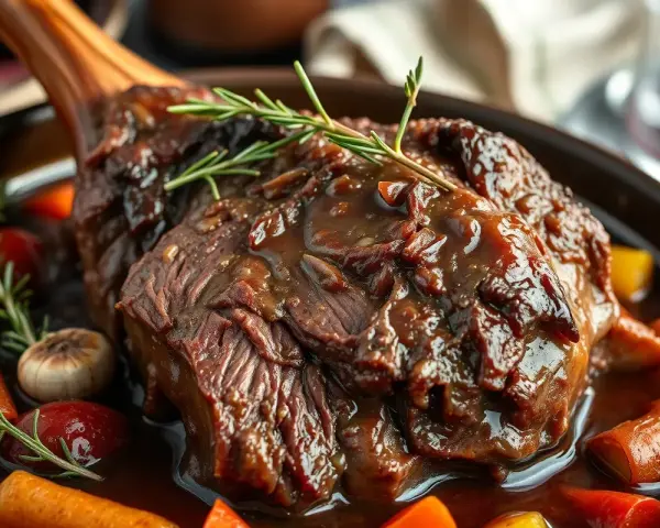 Un généreux jarret de boeuf braisé, nappé d'une sauce riche, servi avec des carottes et des herbes aromatiques.