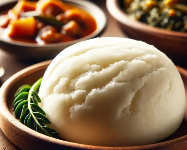 Puszyste ugali w drewnianej misce, ozdobione zielonym listkiem. Obok miski z gulaszem i warzywami. Idealny przepis na ugali.