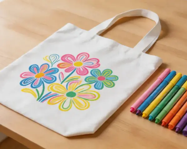 Un sac en tissu blanc décoré de fleurs colorées, réalisé avec de la peinture acrylique. Des feutres de différentes couleurs sont disposés à côté.