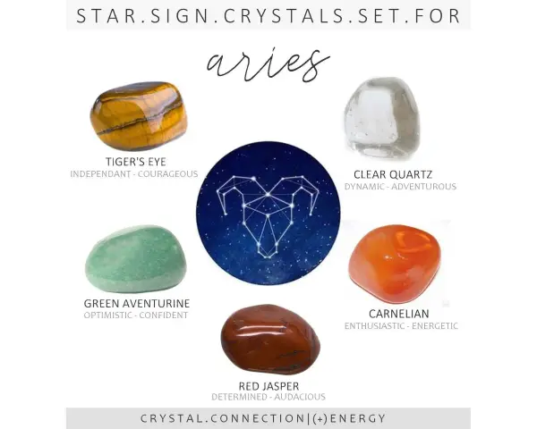 Conjunto de piedras para Aries: Ojo de tigre, cuarzo transparente, aventurina verde, cornalina y jaspe rojo.