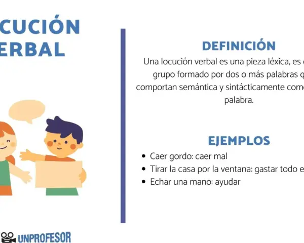 Ilustración de dos niños aprendiendo sobre locuciones verbales, con ejemplos como "echar una mano".