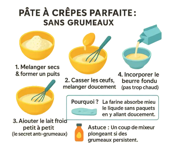 Étapes pour réaliser la pâte à crêpes parfaite sans grumeaux : mélanger les ingrédients secs, ajouter les œufs, puis le lait froid petit à petit.