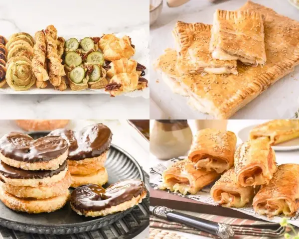 Collage de varios postres y bocadillos salados de hojaldre, incluyendo palmeritas de chocolate y rollitos rellenos.